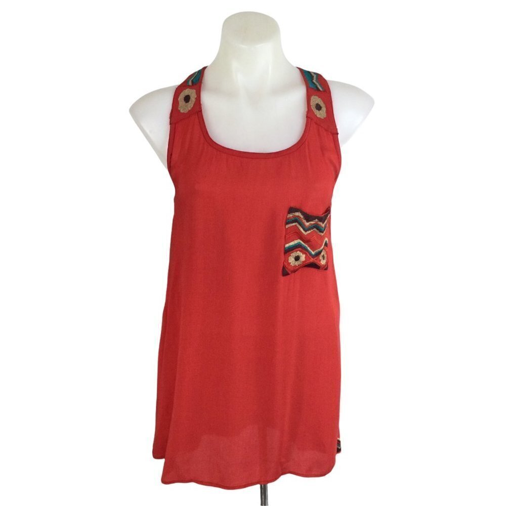 Scully Embriodered Flower Pocket Front Red Sleeveless Tank Top Womens Size Small